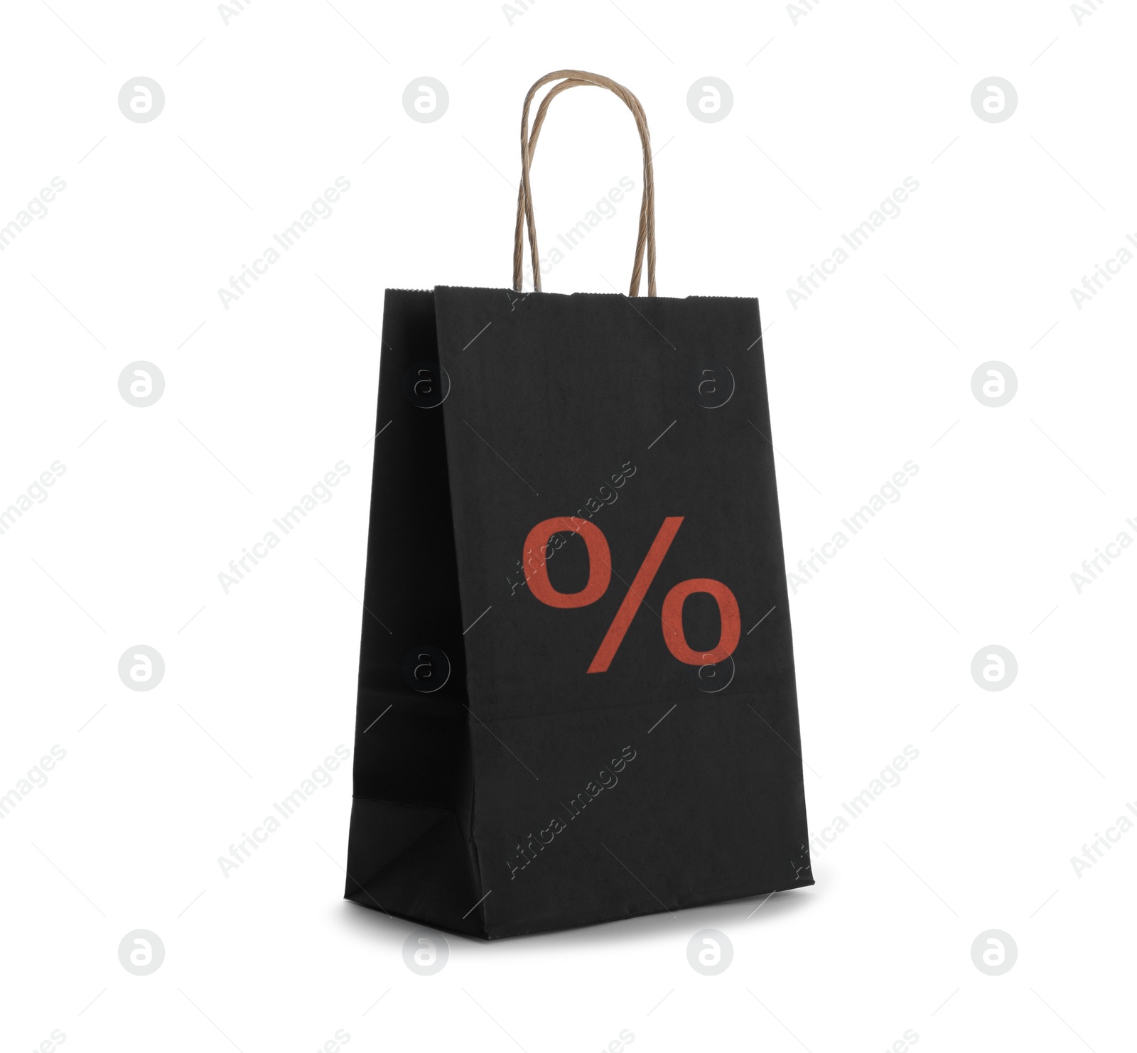 Image of Black paper bag with red percent sign isolated on white