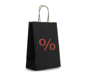 Black paper bag with red percent sign isolated on white
