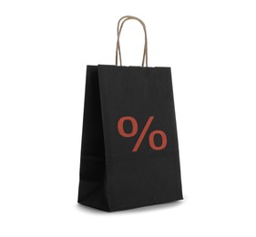 Image of Black paper bag with red percent sign isolated on white