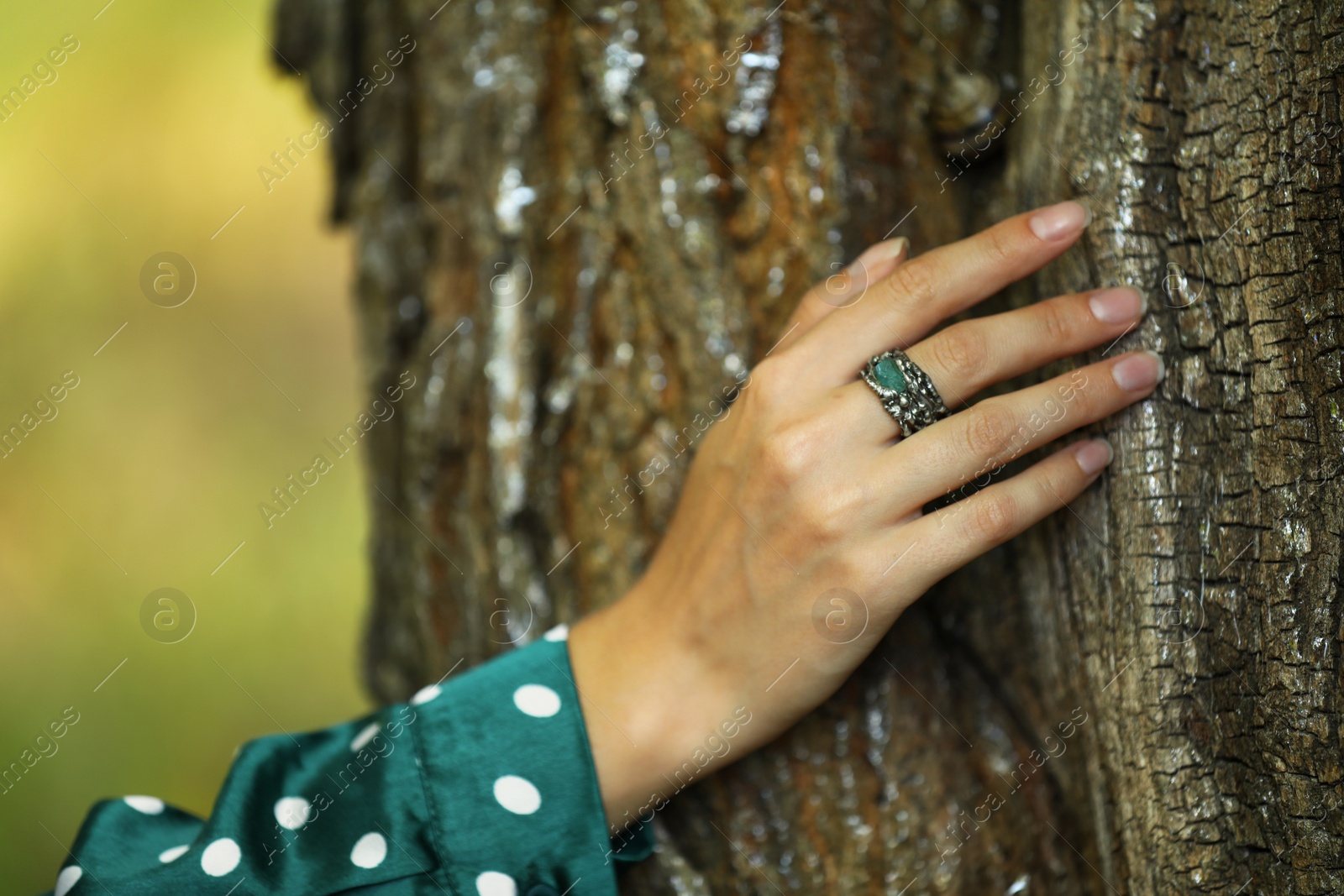 Photo of Young woman wearing beautiful silver ring with apatite gemstone near tree outdoors, closeup