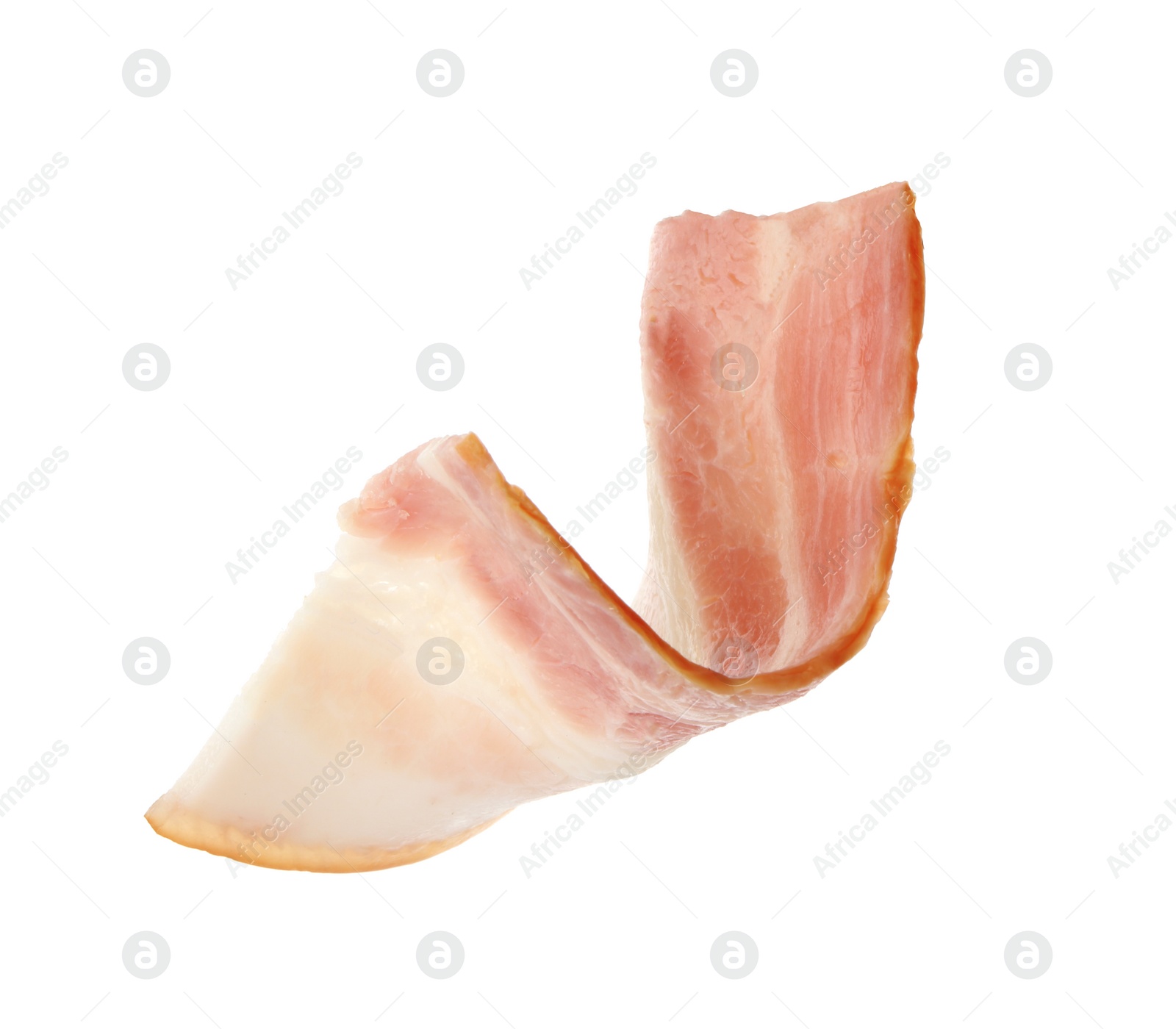 Photo of Slice of raw bacon on white background