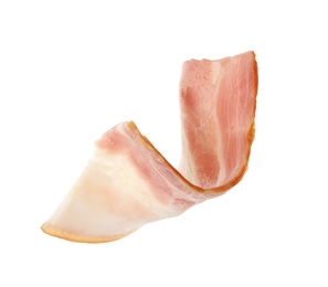 Slice of raw bacon on white background