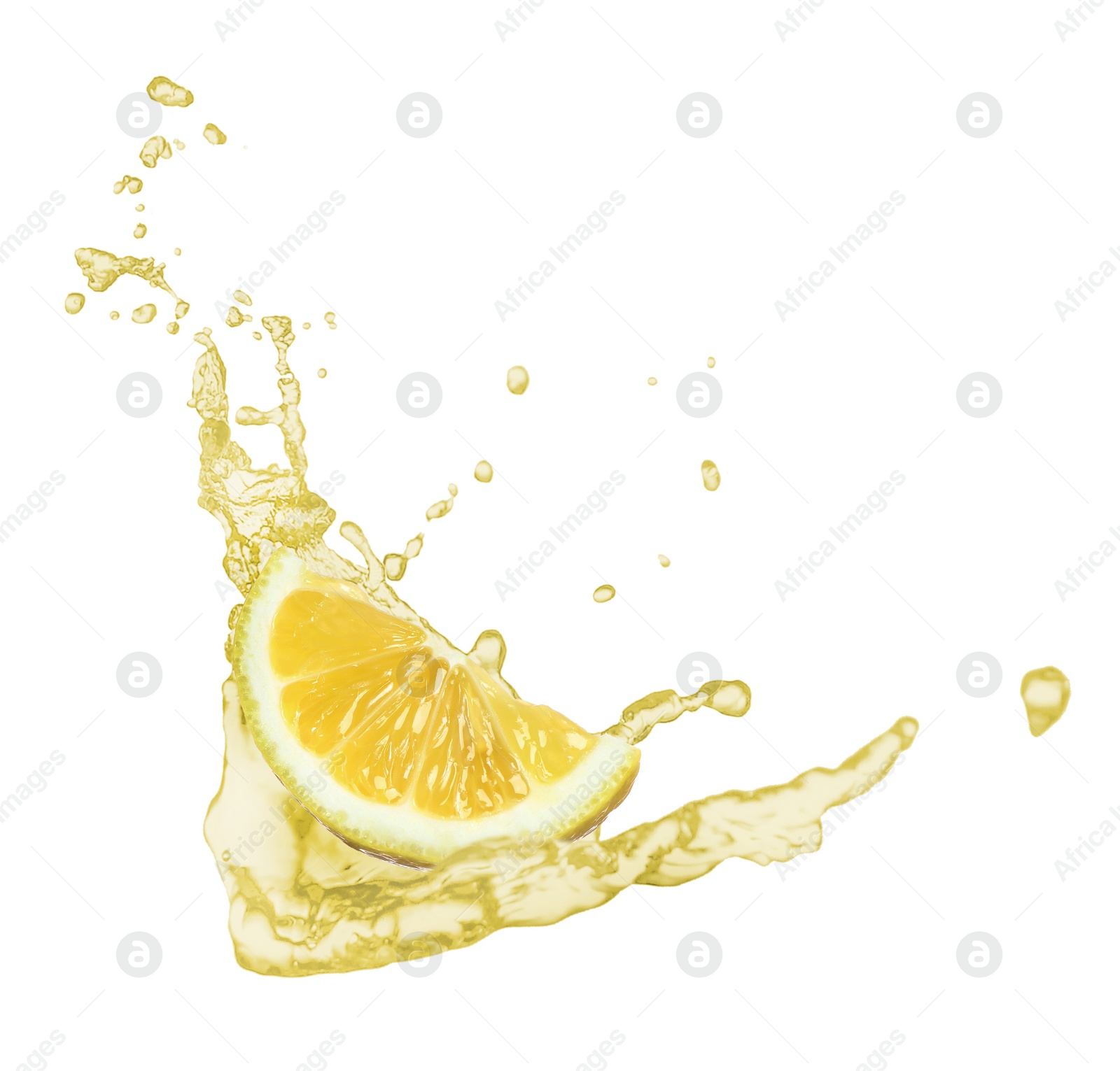 Image of Lemon slice and splash of juice on white background