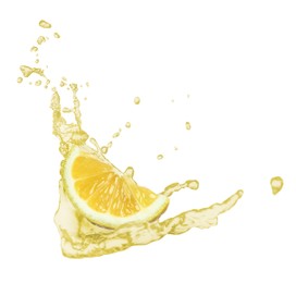 Image of Lemon slice and splash of juice on white background