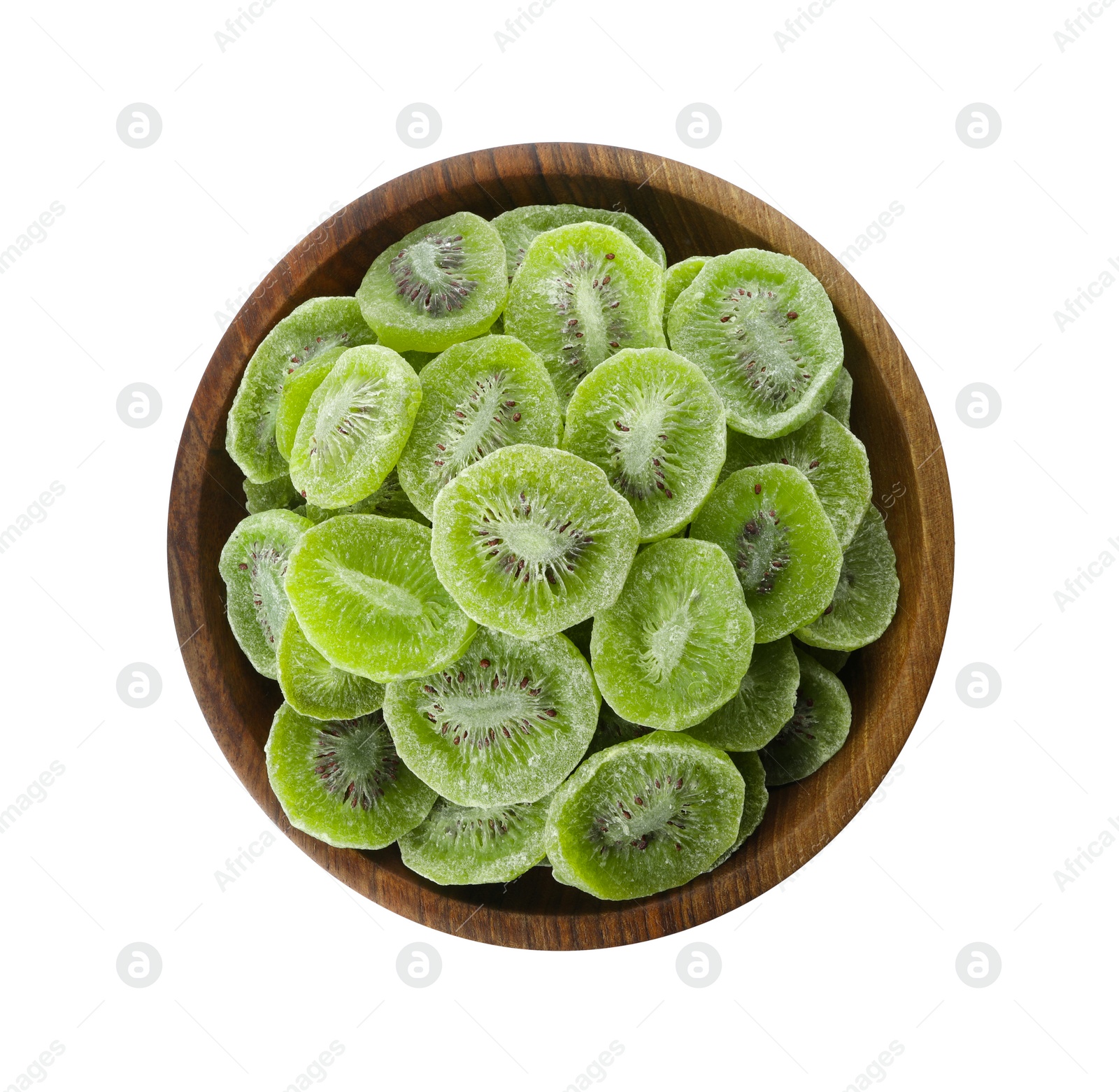 Photo of Bowl with slices of kiwi on white background, top view. Dried fruit as healthy food