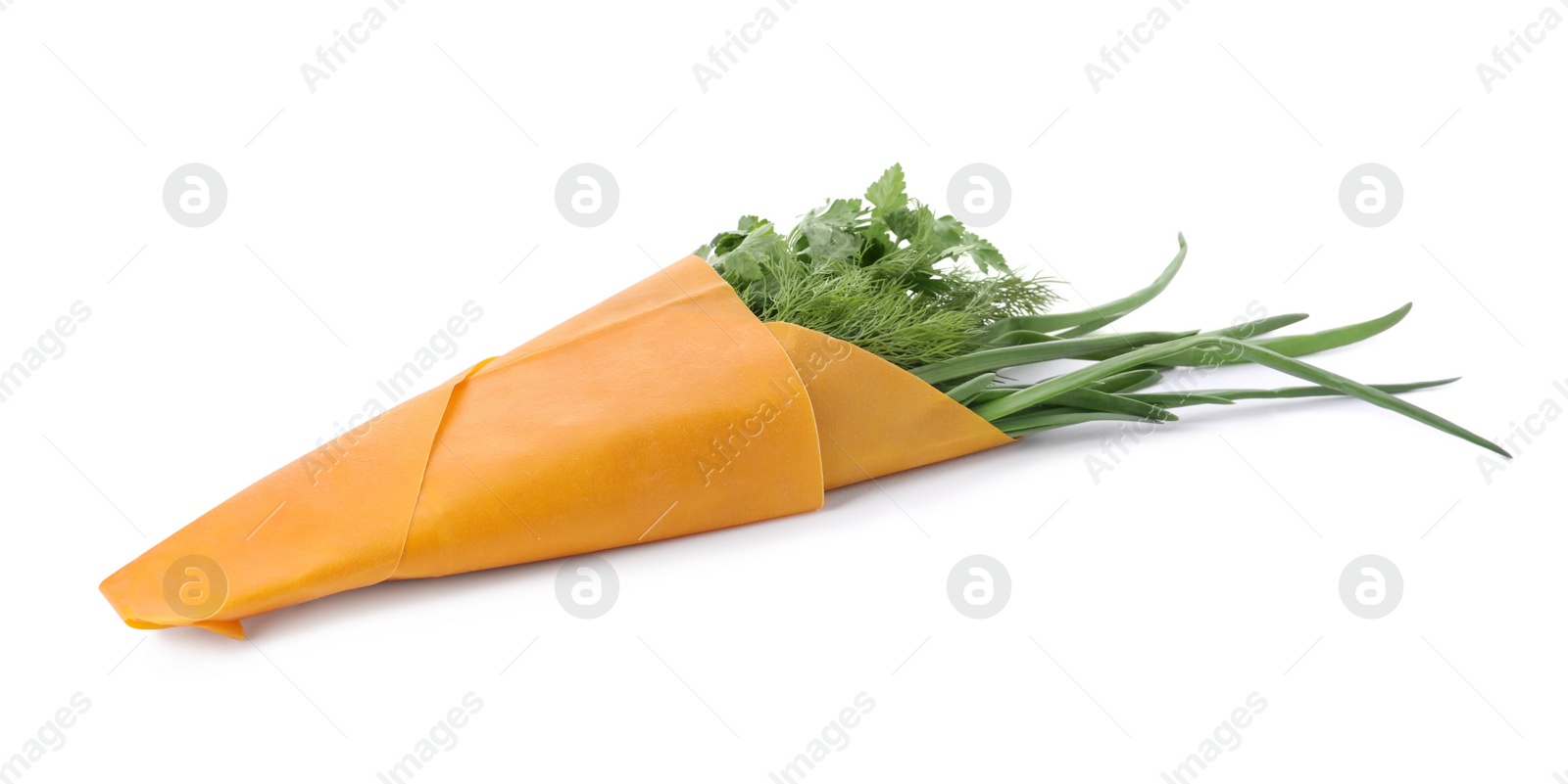 Photo of Fresh herbs in beeswax food wrap isolated on white