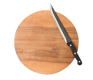 Photo of Slicer knife with wooden board isolated on white, top view