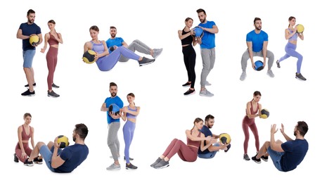 Image of Athletic man and woman doing different exercises with medicine balls on white background, collage
