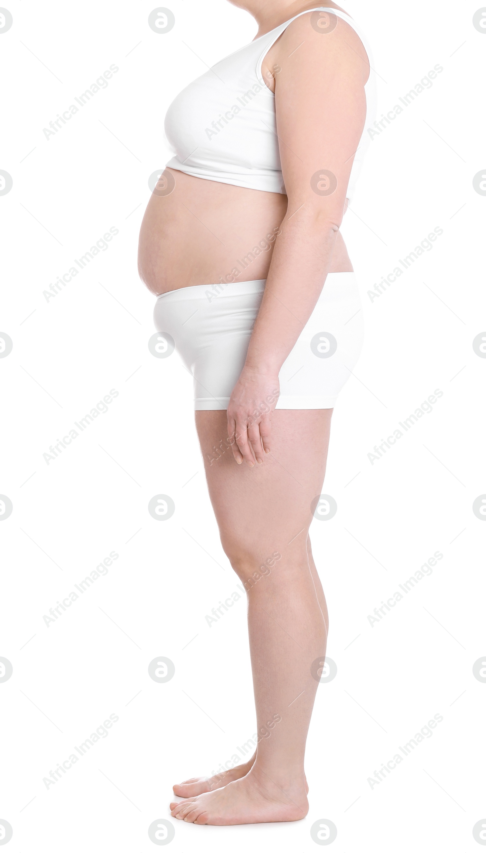 Photo of Overweight woman on white background, closeup. Weight loss