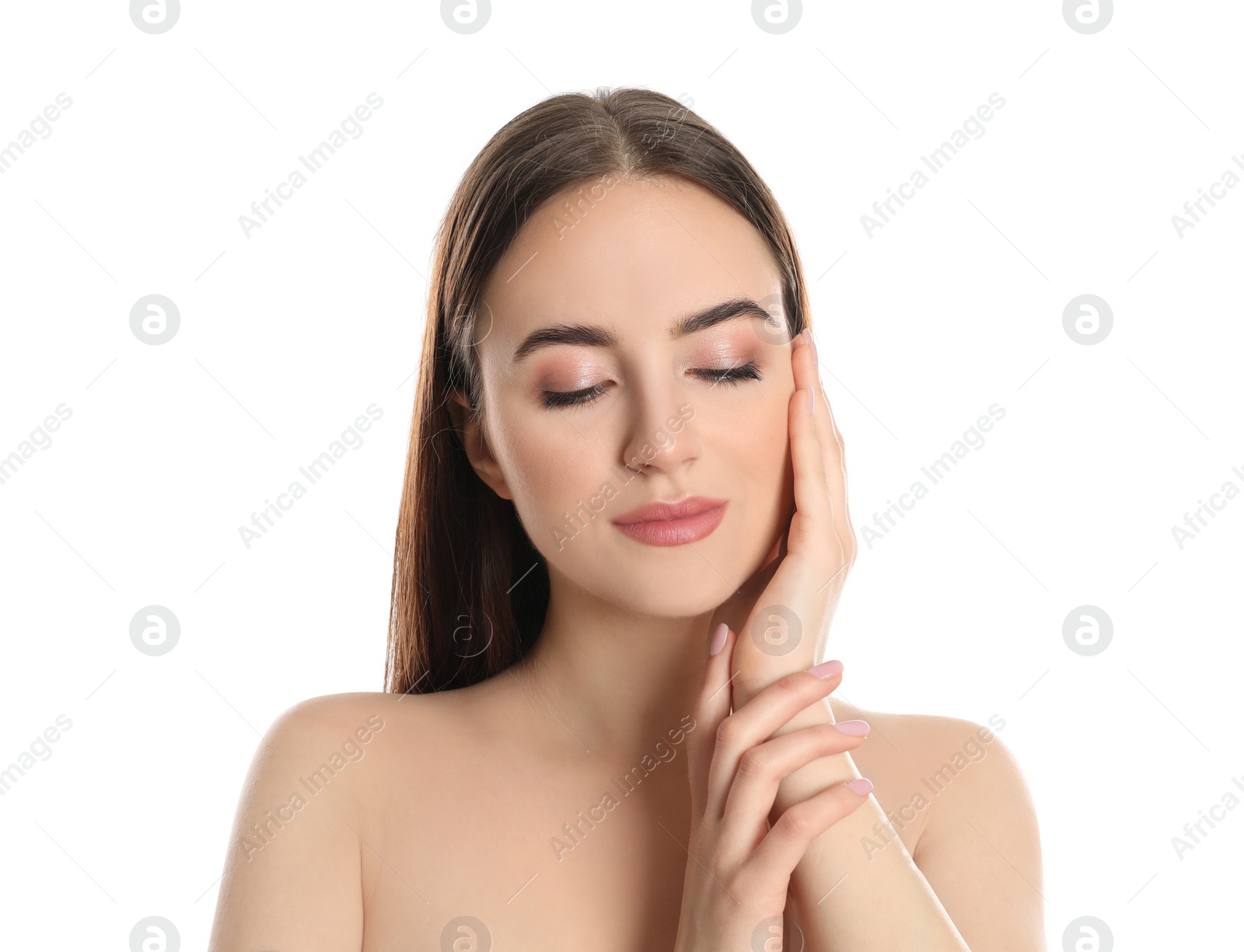 Photo of Portrait of young woman with beautiful face on white background