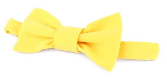 Photo of Stylish yellow bow tie isolated on white