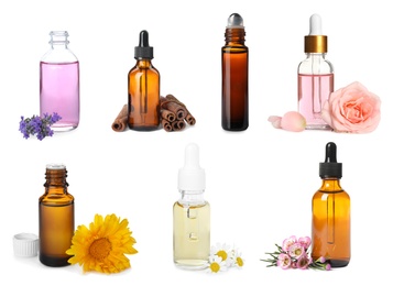 Image of Set of different essential oils for aromatherapy on white background 