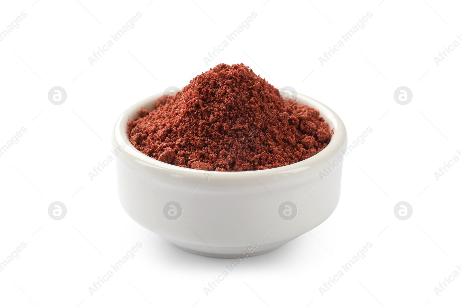 Photo of Dried cranberry powder in bowl isolated on white