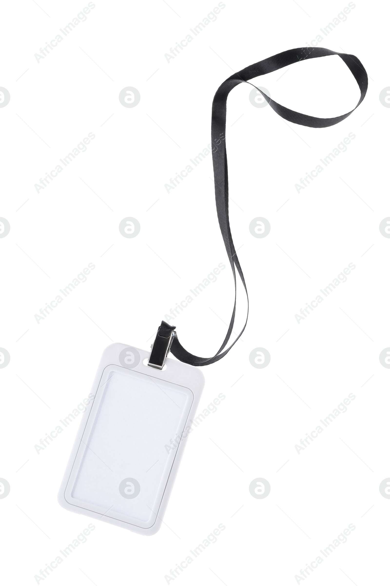 Photo of Blank badge with black string isolated on white