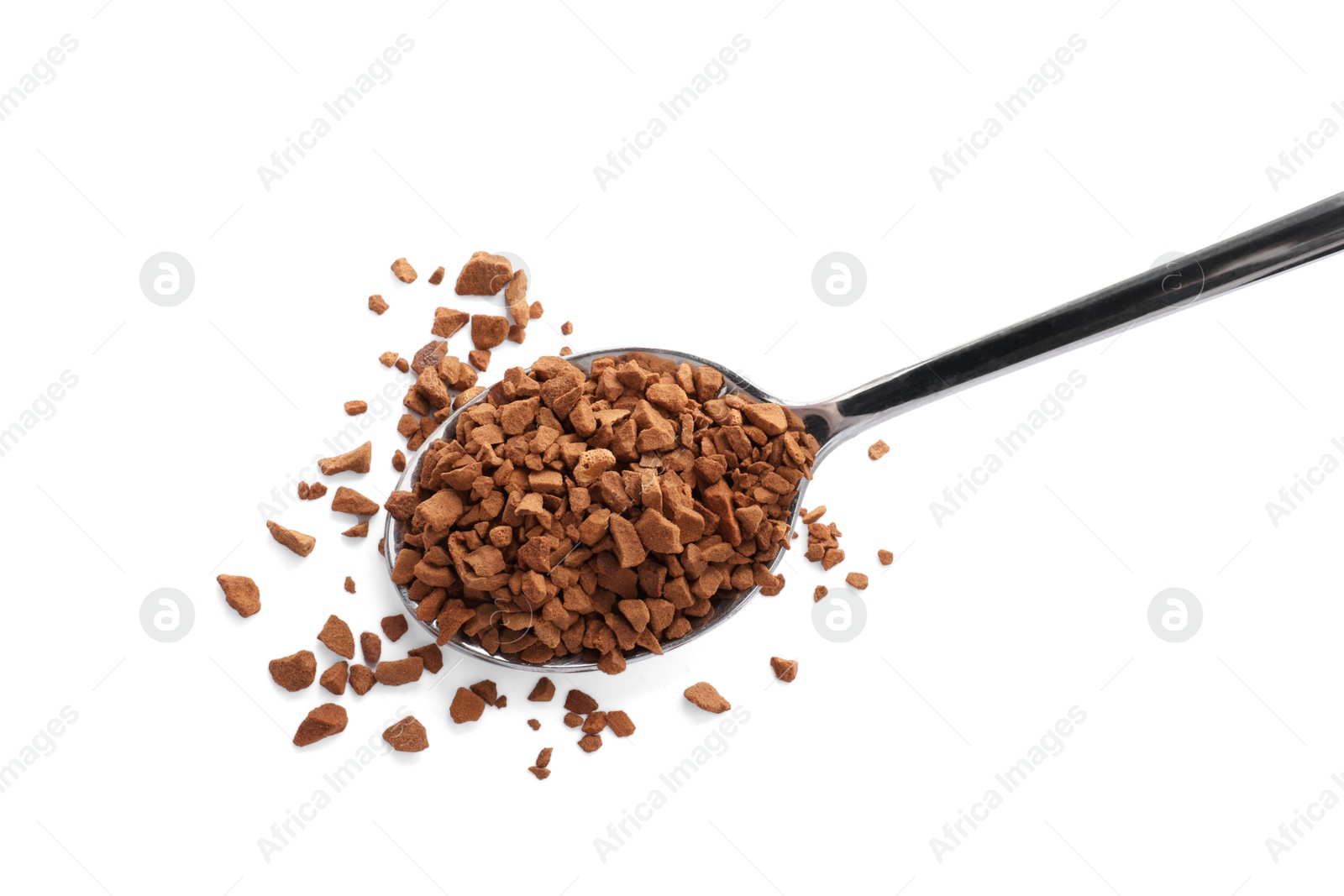 Photo of Spoon with aromatic instant coffee isolated on white, top view