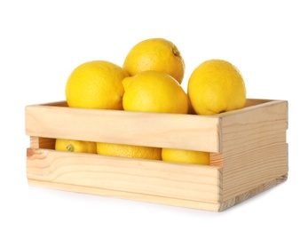 Photo of Wooden crate full of fresh lemons on white background