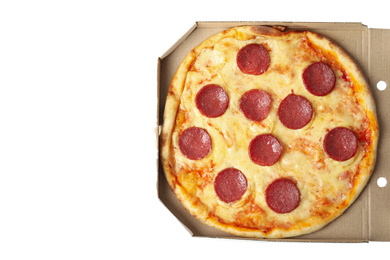 Photo of Tasty pepperoni pizza in cardboard box isolated on white, top view