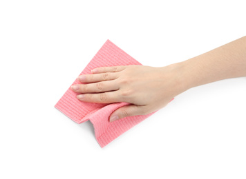 Photo of Woman with rag on white background, closeup of hand