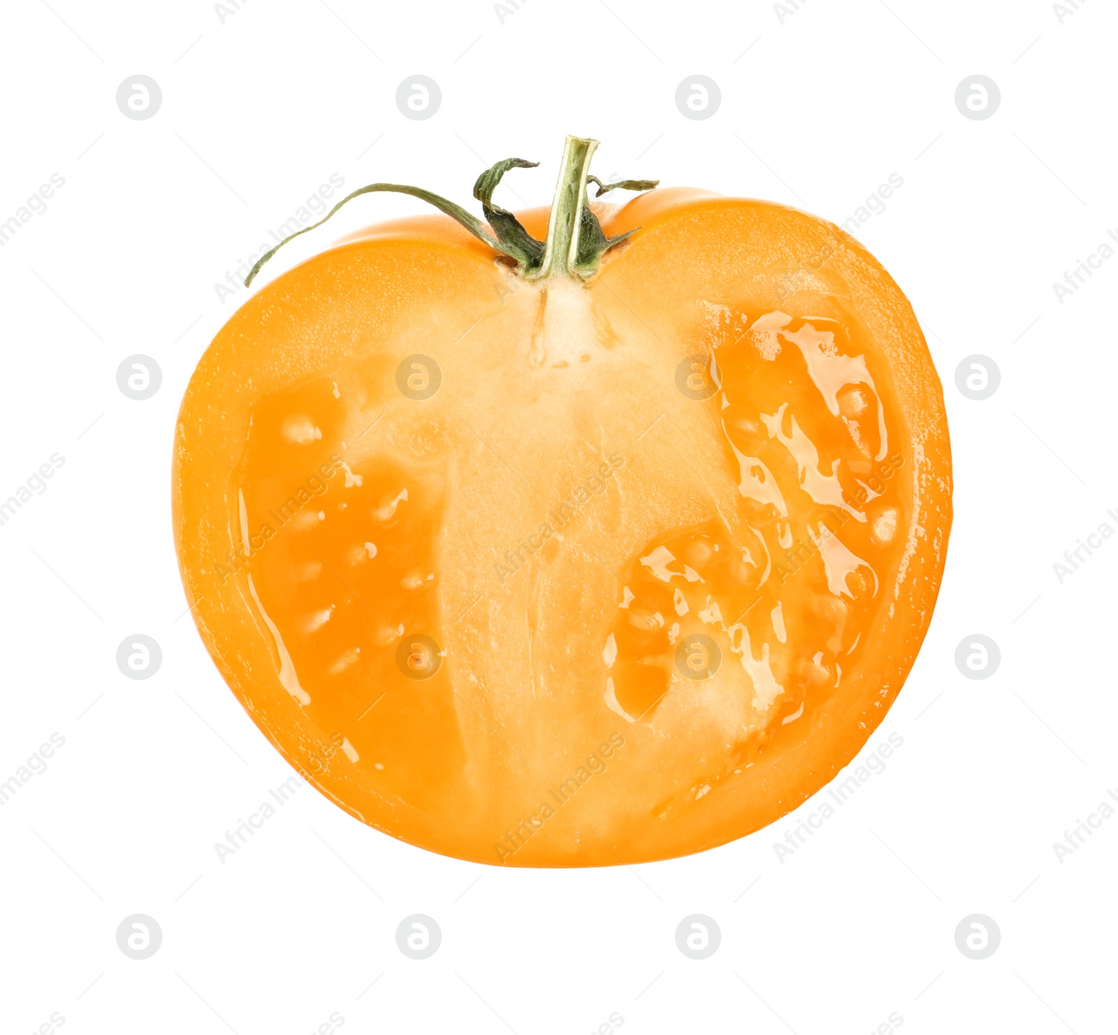 Photo of Half of fresh ripe yellow tomato isolated on white