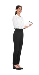 Photo of Happy businesswoman with clipboard on white background
