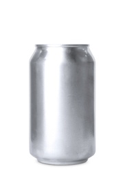 Photo of Aluminium can of beverage on white background