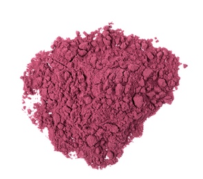 Heap of acai powder on white background, top view