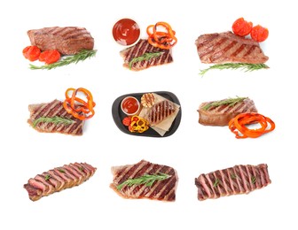 Image of Delicious grilled beef steaks and vegetables isolated on white, set