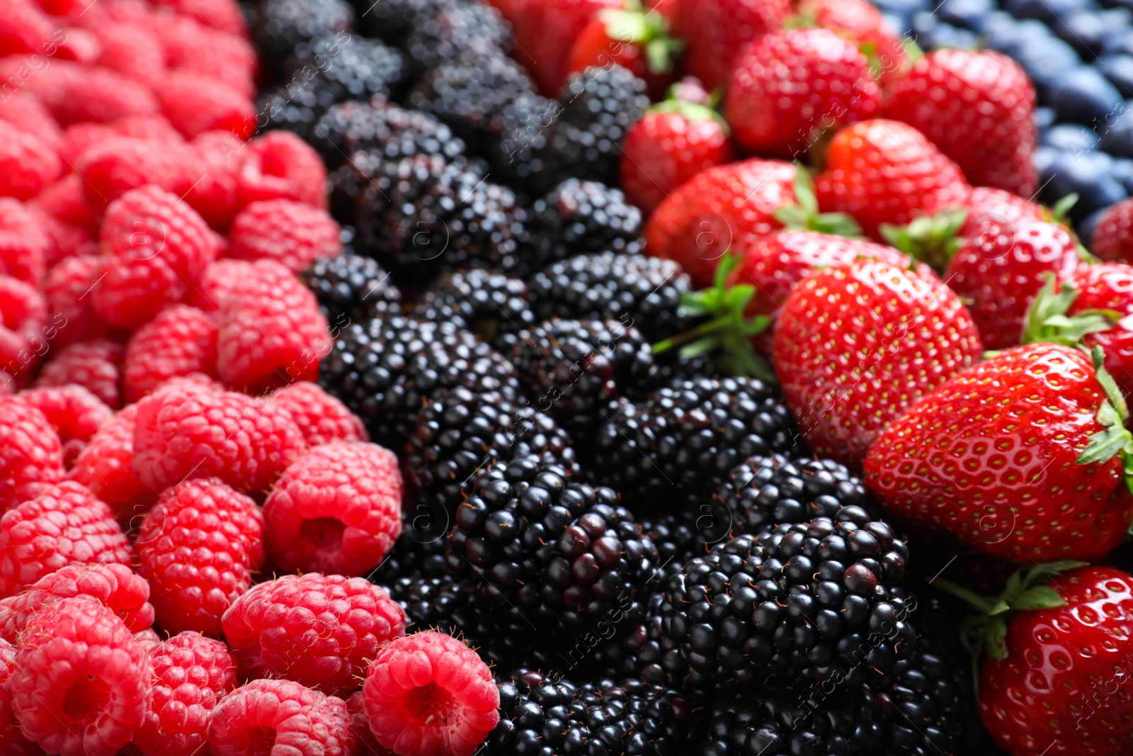 Photo of Mix of different ripe tasty berries as background, closeup view