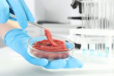 Scientist taking raw cultured meat out of Petri dish with tweezers at white table in laboratory, closeup