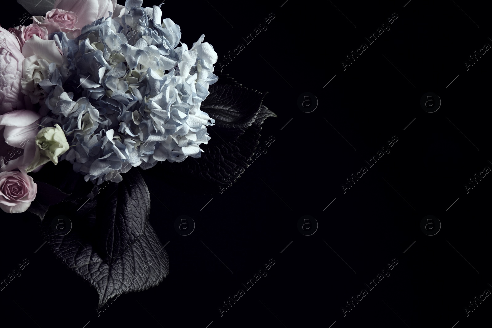 Photo of Beautiful bouquet of different flowers on black background, space for text. Floral card design with dark vintage effect