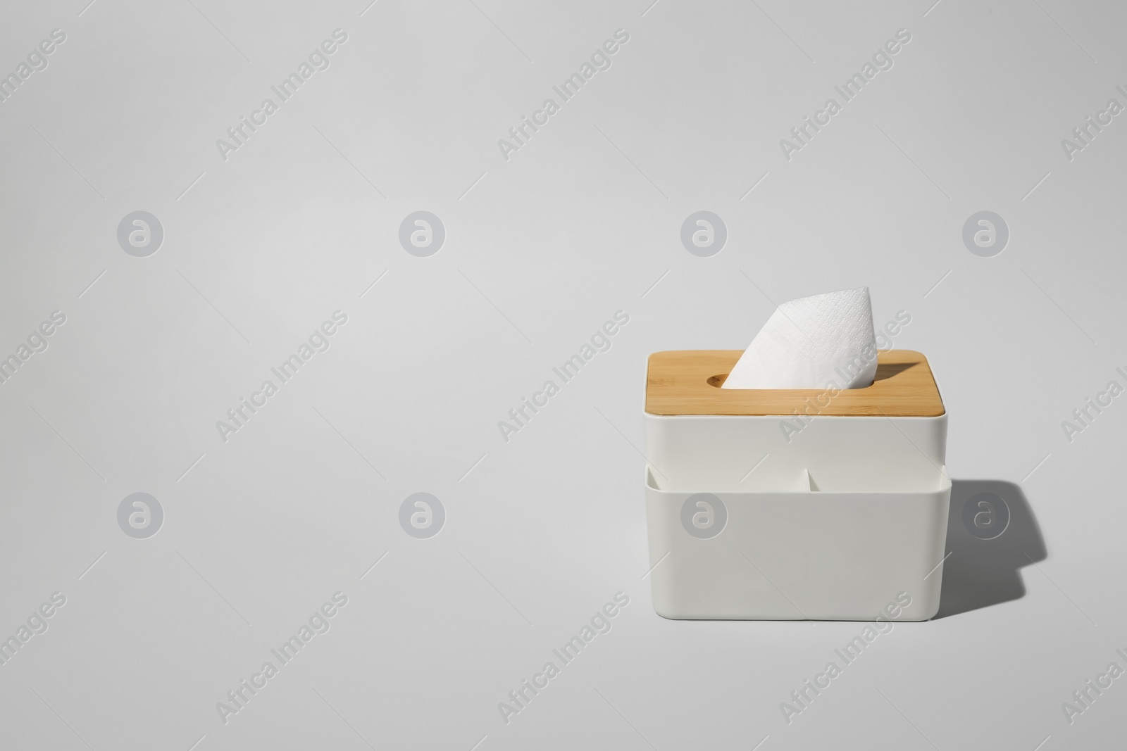 Photo of Holder with paper tissues on light grey background. Space for text