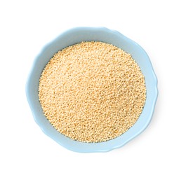 Photo of Raw quinoa in light blue bowl isolated on white, top view