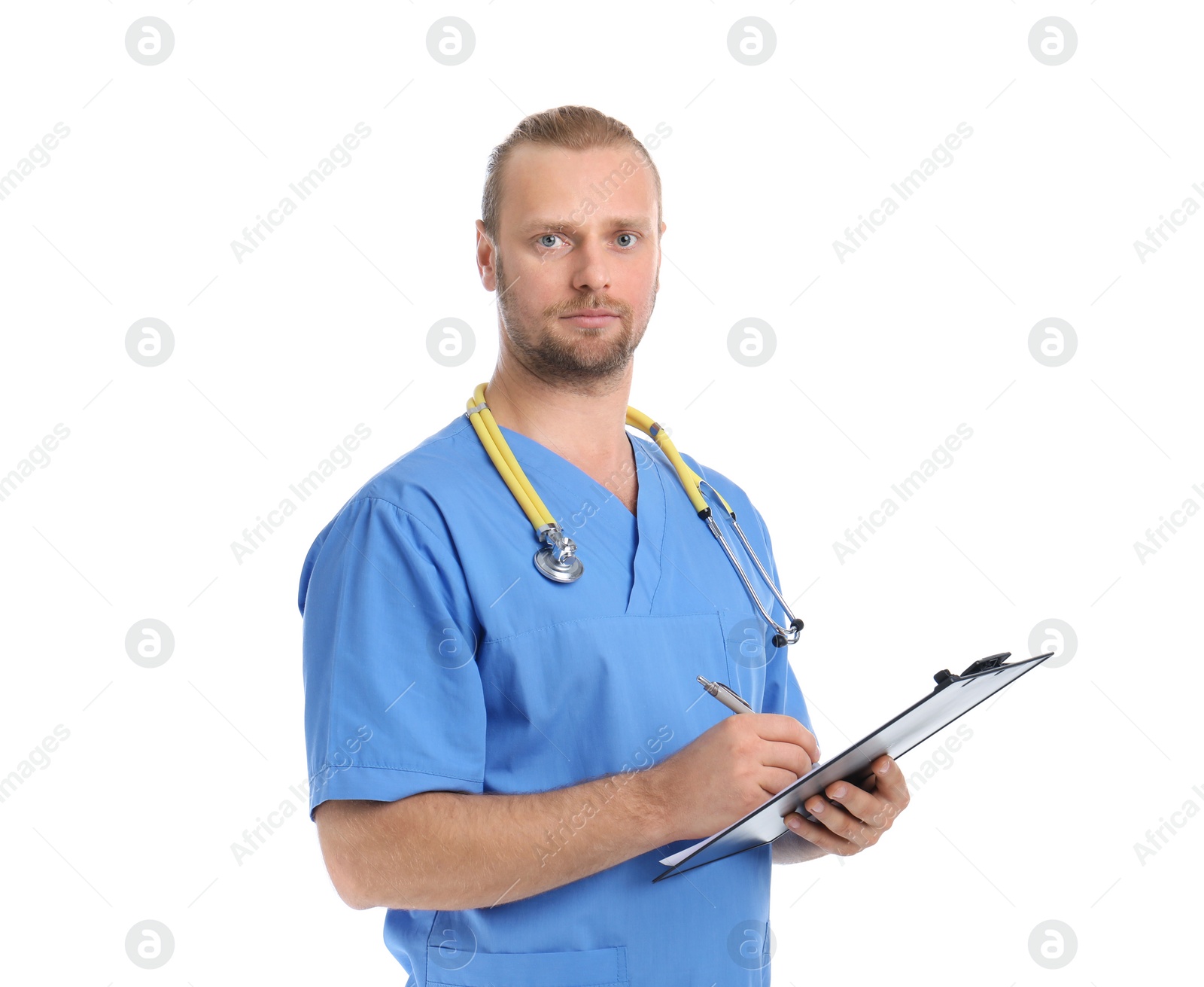 Photo of Portrait of medical assistant with stethoscope and clipboard on white background