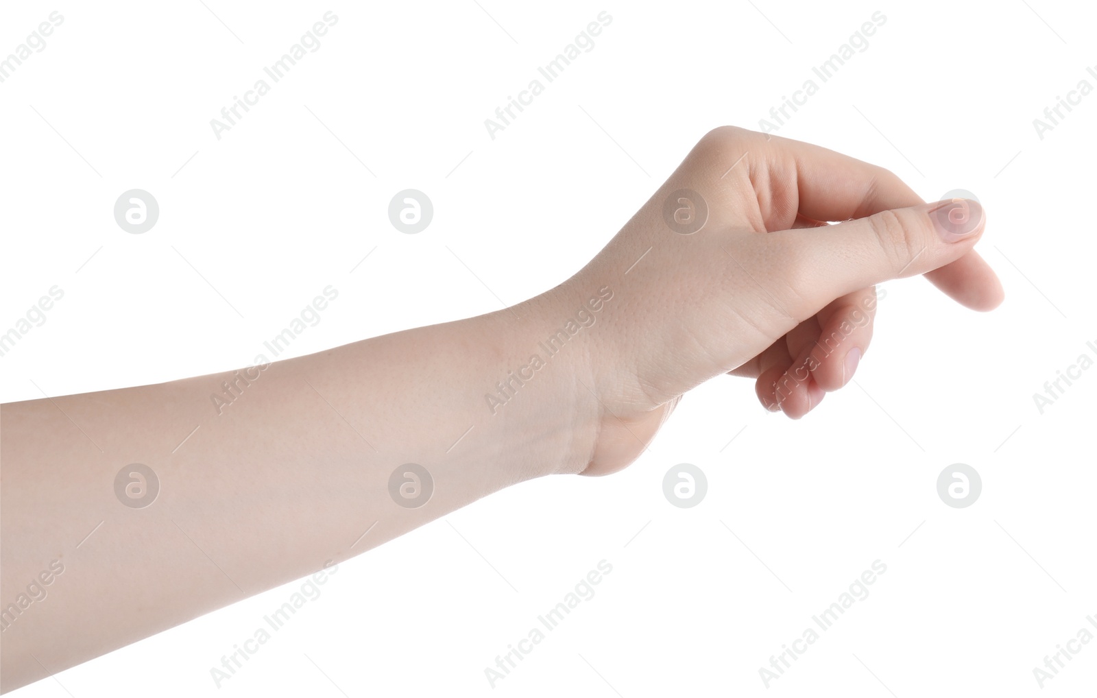 Photo of Woman against white background, closeup of hand