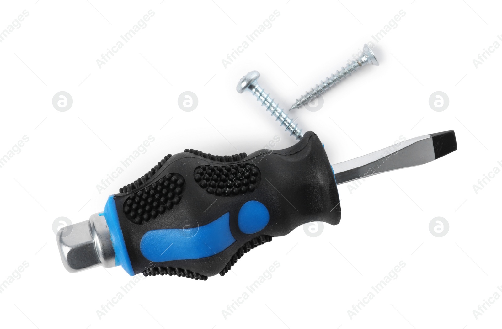 Photo of Screwdriver with black handle and screws isolated on white, top view