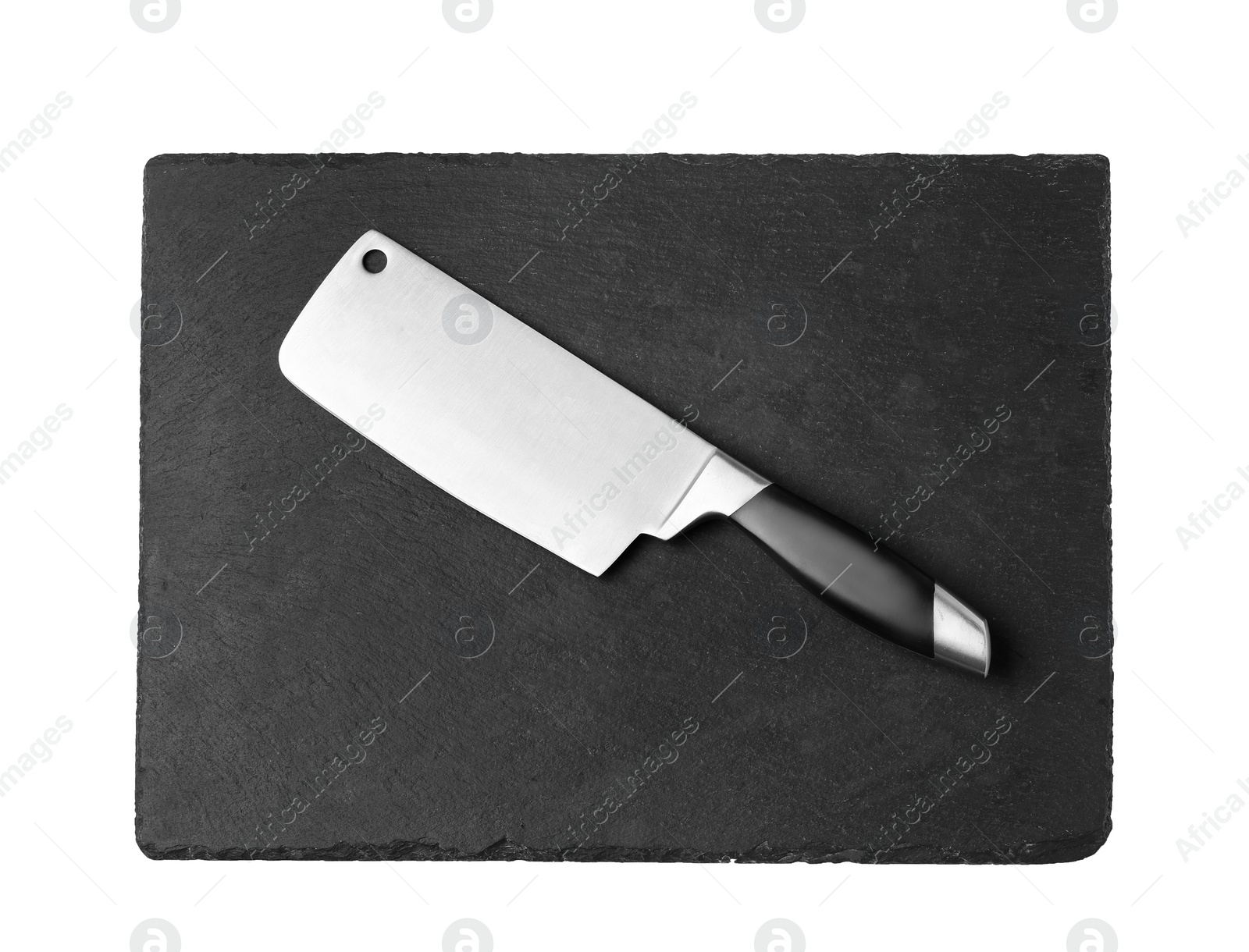 Photo of Cleaver knife with slate plate isolated on white, top view