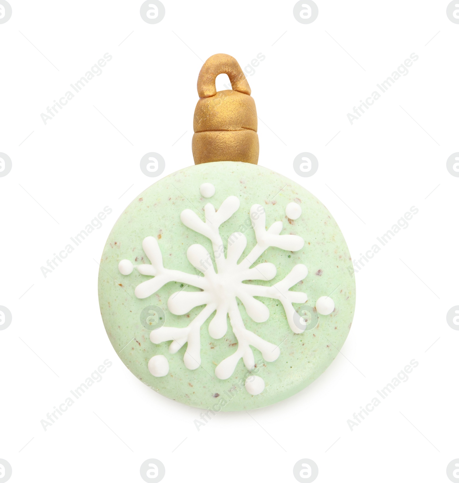 Photo of Beautifully decorated Christmas macaron isolated on white, top view