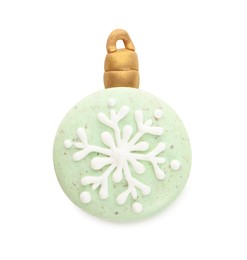 Photo of Beautifully decorated Christmas macaron isolated on white, top view