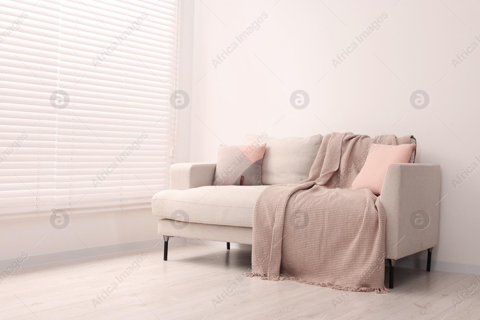 Photo of Cozy sofa with pillows and blanket in living room, space for text. Interior design