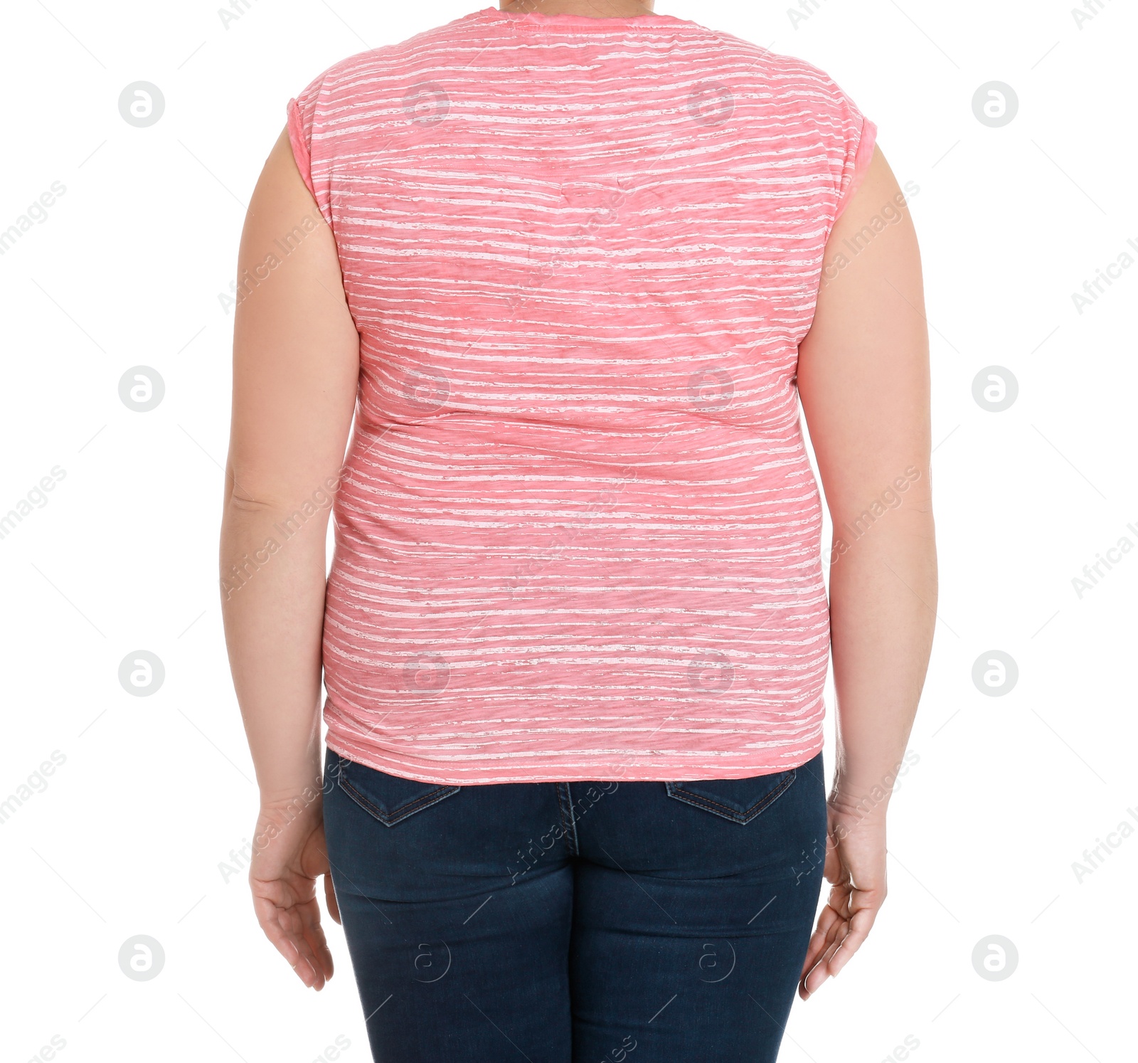 Photo of Overweight woman on white background, closeup. Weight loss