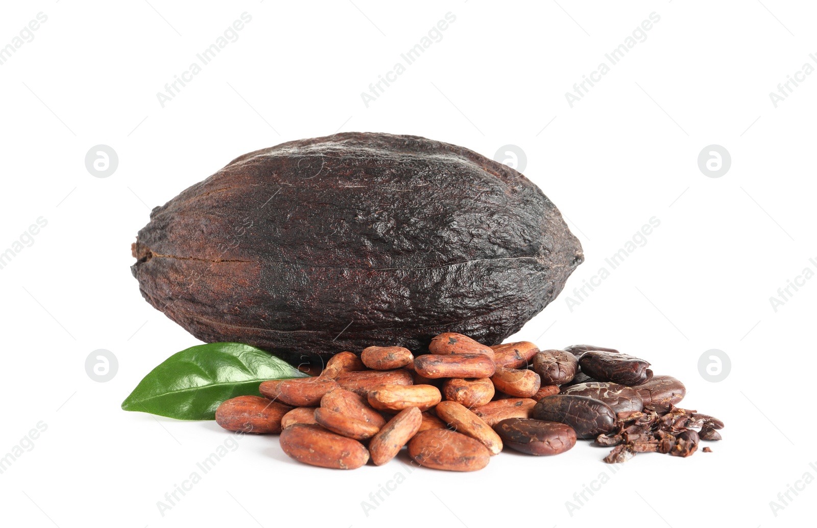Photo of Cocoa beans, pod and leaf isolated on white