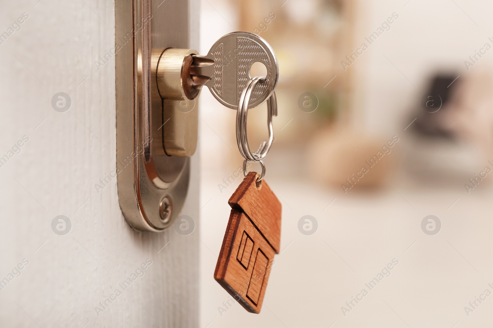 Photo of Open door with key in room, closeup