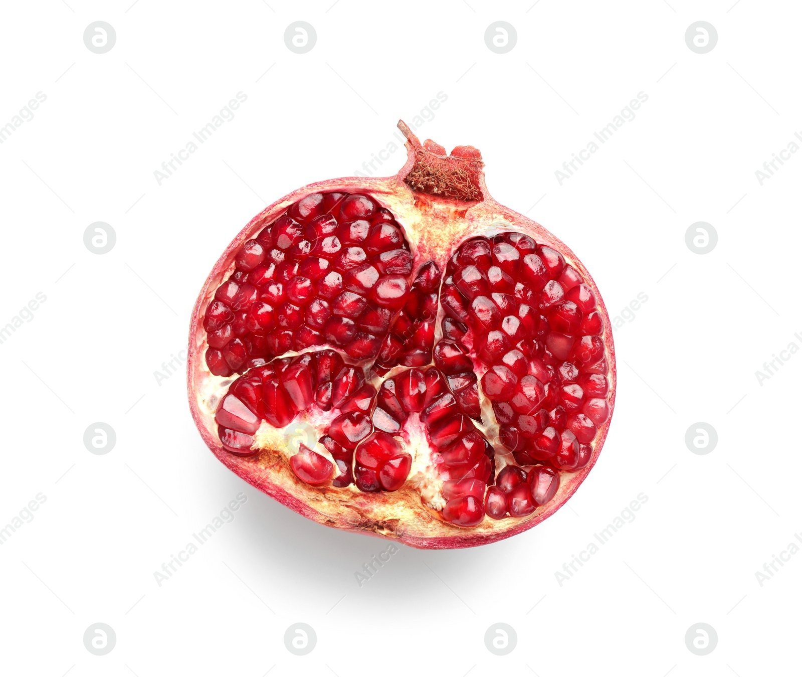 Photo of Half of fresh pomegranate isolated on white, top view