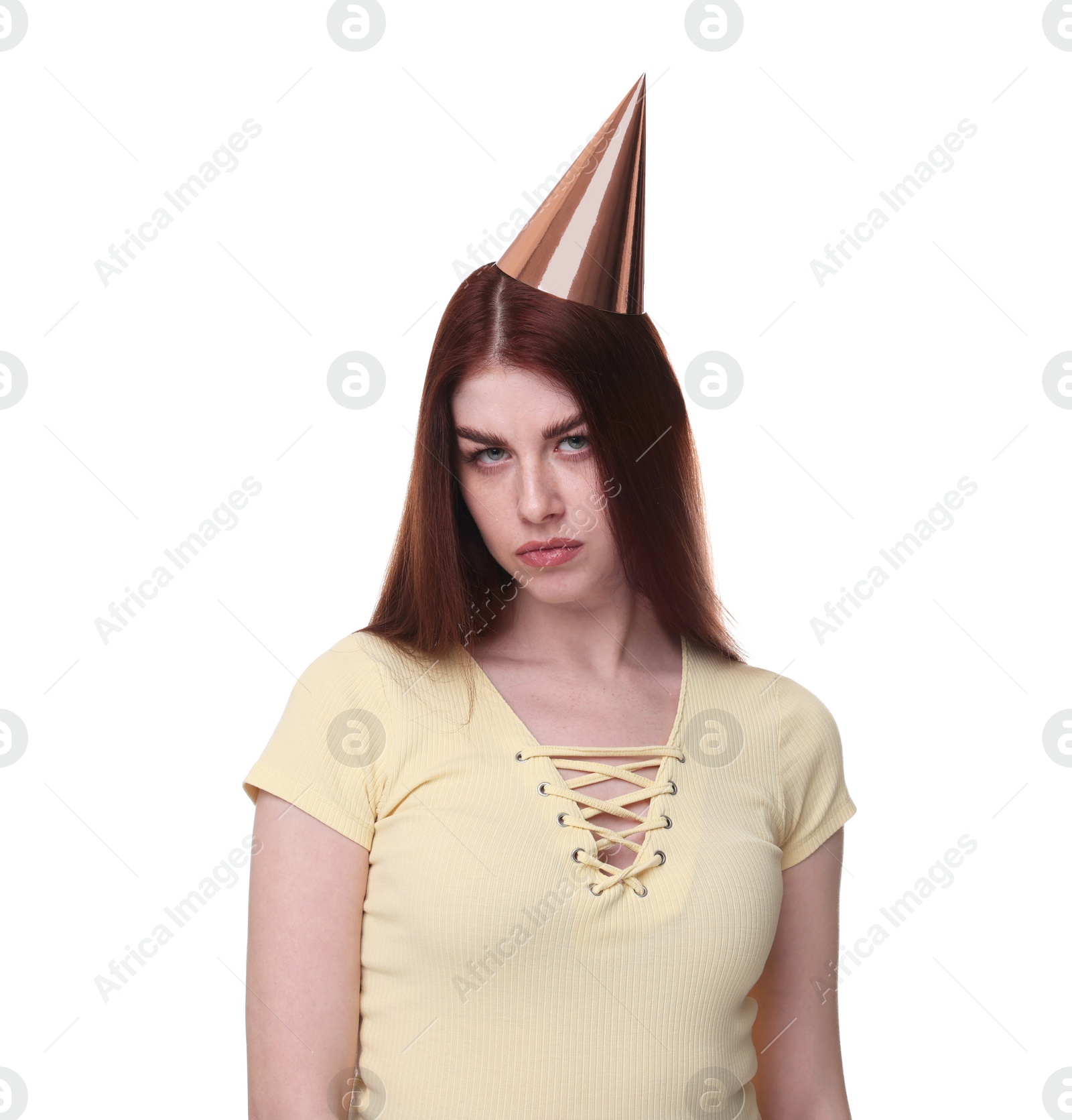 Photo of Sad woman in party hat on white background