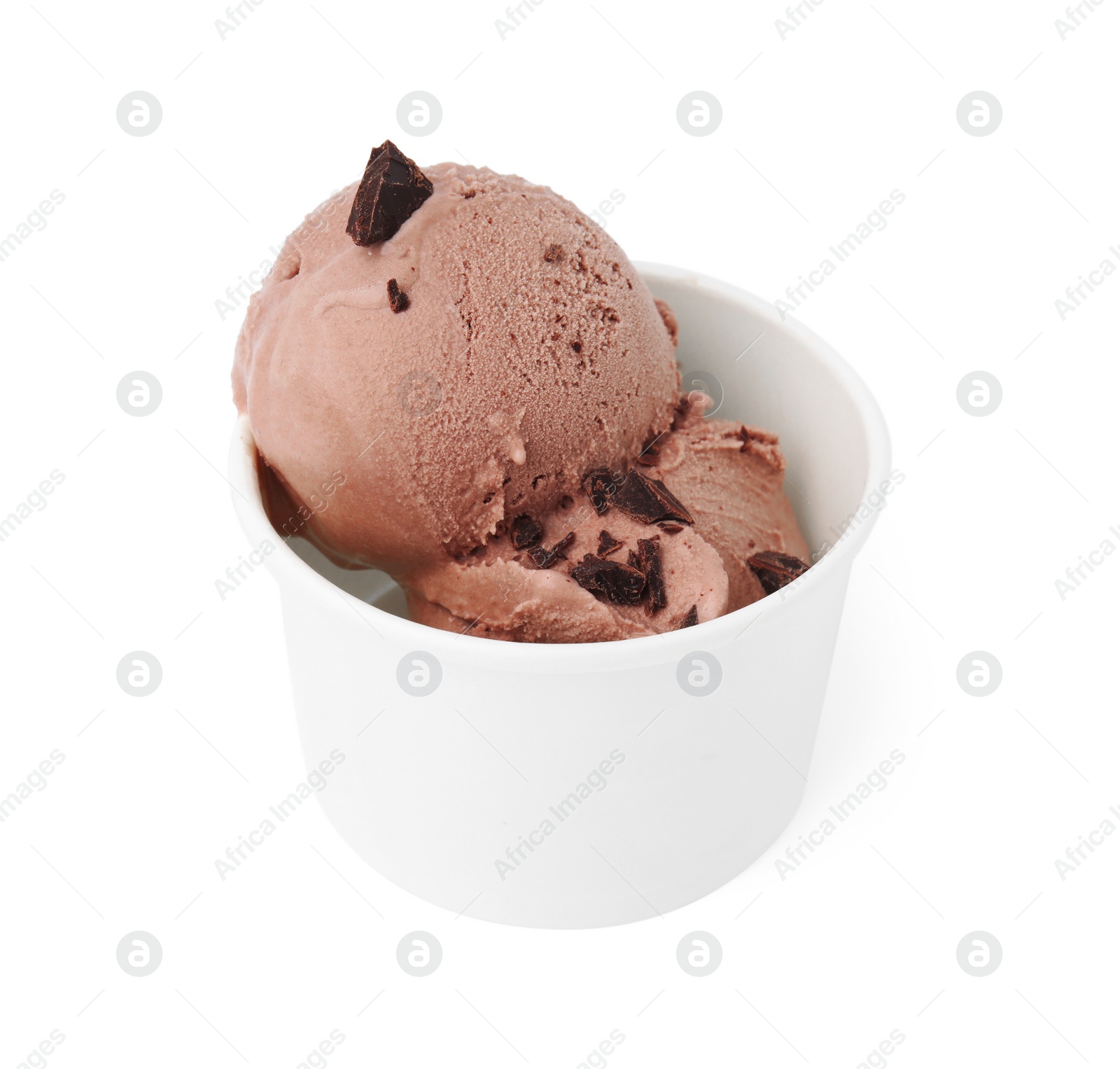 Photo of Paper cup with tasty chocolate ice cream isolated on white