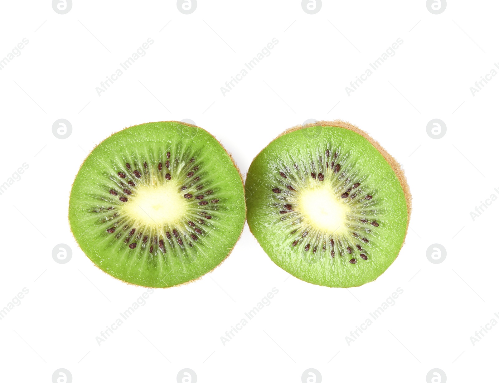 Photo of Halves of fresh kiwi on white background, top view