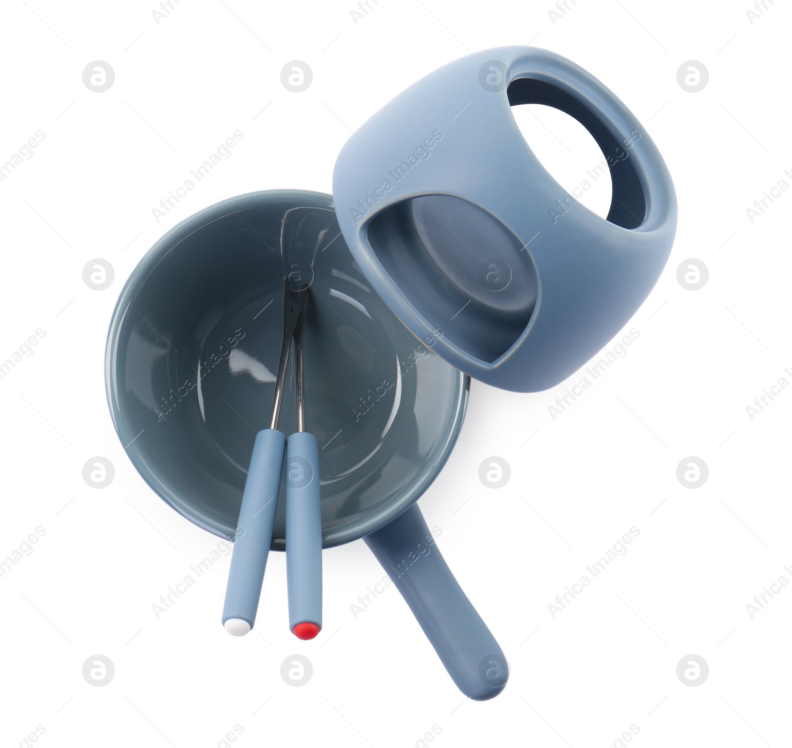 Photo of Fondue set isolated on white, top view