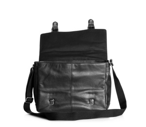 Photo of Black male leather briefcase with strap on white background