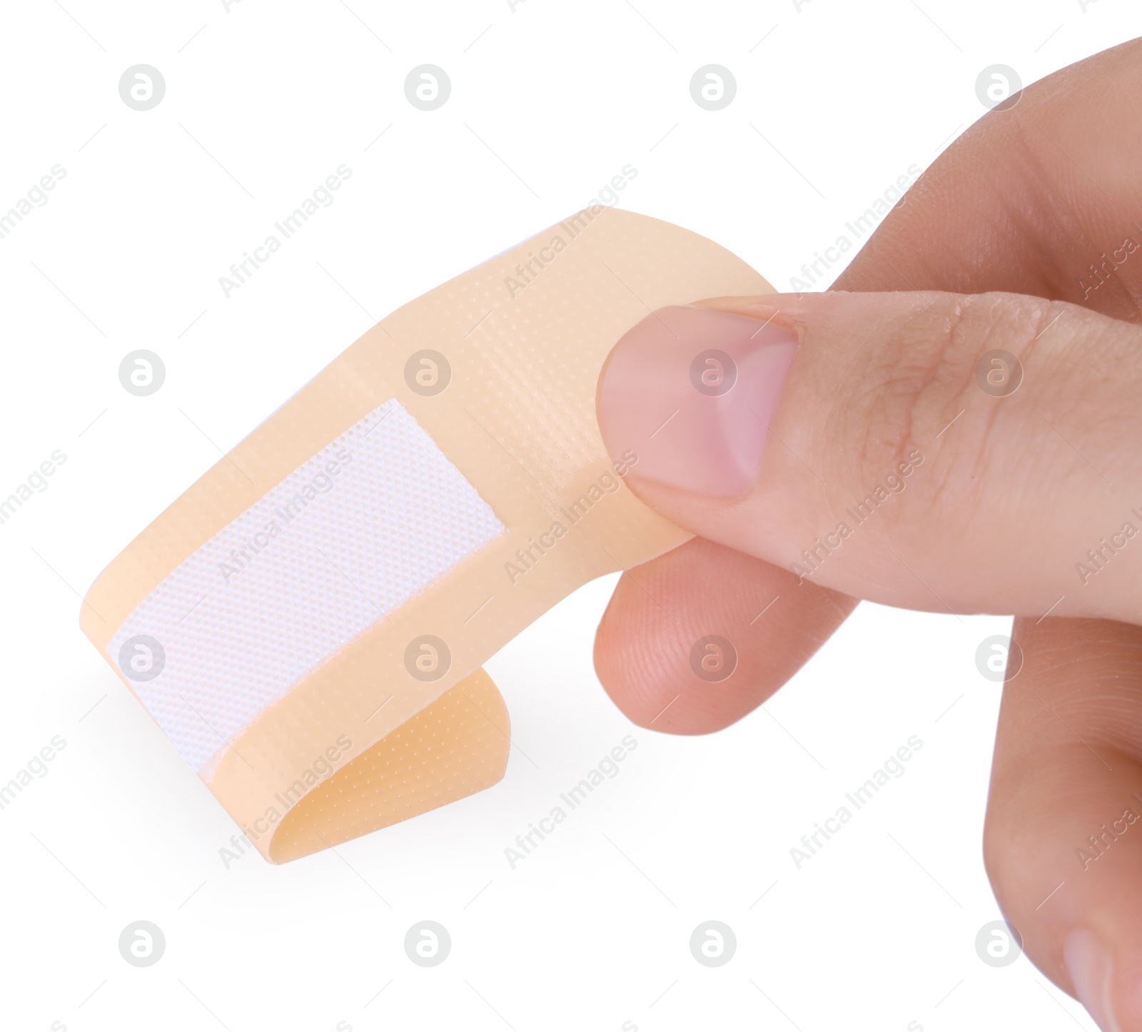 Photo of Woman with medical adhesive bandage isolated on white, closeup