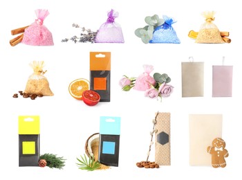 Image of Set of scented sachets with different aromas on white background 